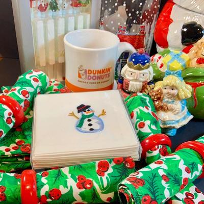 LOT 196: Holidays with Dunkin, Coke and Starbucks- Cups, Glasses, Canister, a Musical Santa Cookie Jar, Glass Stir Sticks and More