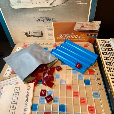 LOT:201: Vintage Scrabble Deluxe Edition with Turntable Base and a Box of Dominos