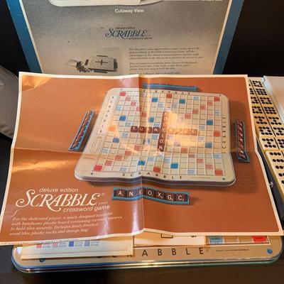 LOT:201: Vintage Scrabble Deluxe Edition with Turntable Base and a Box of Dominos