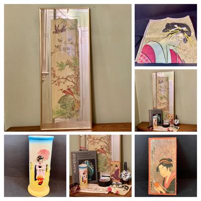 LOT 205: Academy Arts Chinese Bird Panels with Dull Gold Foil Background and Scrub-out Mirror, Japanese Tiki Mug, and Other Asian...