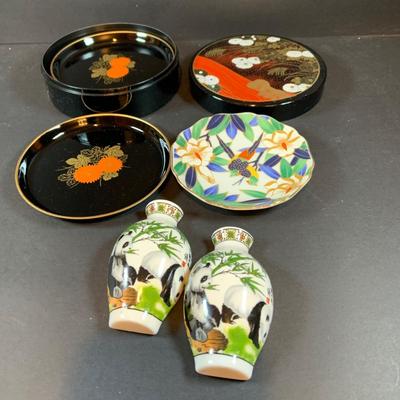 LOT 205: Academy Arts Chinese Bird Panels with Dull Gold Foil Background and Scrub-out Mirror, Japanese Tiki Mug, and Other Asian...