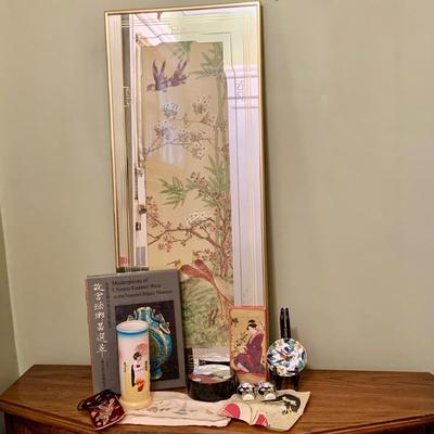 LOT 205: Academy Arts Chinese Bird Panels with Dull Gold Foil Background and Scrub-out Mirror, Japanese Tiki Mug, and Other Asian...