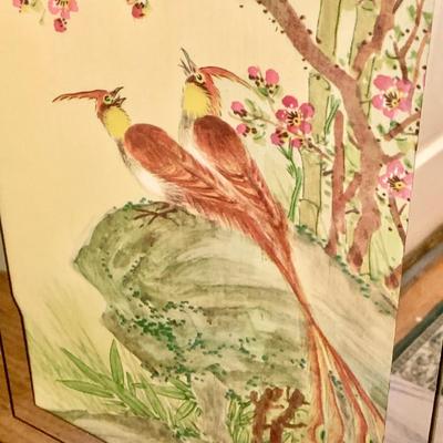 LOT 205: Academy Arts Chinese Bird Panels with Dull Gold Foil Background and Scrub-out Mirror, Japanese Tiki Mug, and Other Asian...