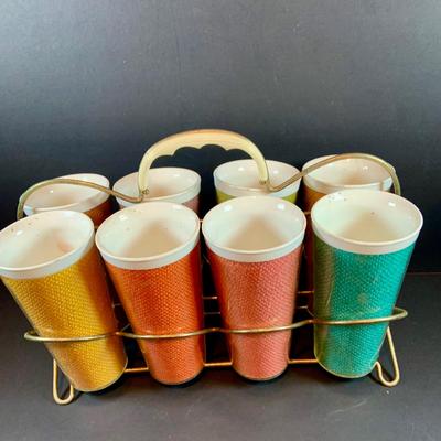 LOT:207 Set of 8 Raffiaware Cups, Aluminum Ice Bucket and Aluminum Steak Platter with Wood Base