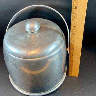 LOT:207 Set of 8 Raffiaware Cups, Aluminum Ice Bucket and Aluminum Steak Platter with Wood Base