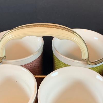 LOT:207 Set of 8 Raffiaware Cups, Aluminum Ice Bucket and Aluminum Steak Platter with Wood Base