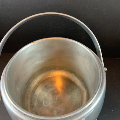 LOT:207 Set of 8 Raffiaware Cups, Aluminum Ice Bucket and Aluminum Steak Platter with Wood Base