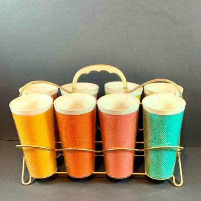 LOT:207 Set of 8 Raffiaware Cups, Aluminum Ice Bucket and Aluminum Steak Platter with Wood Base