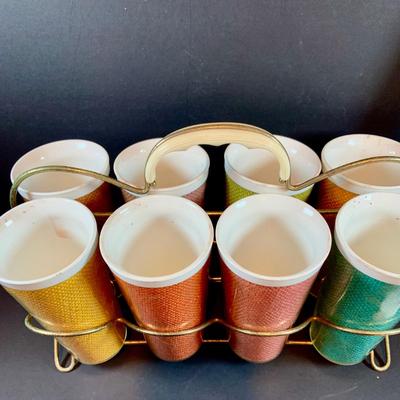 LOT:207 Set of 8 Raffiaware Cups, Aluminum Ice Bucket and Aluminum Steak Platter with Wood Base