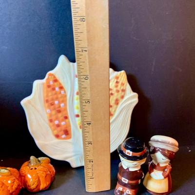 LOT 208: Autumn Decor Featuring Ceramic Pilgrim Head and Hands, Lefton Witch on Pumpkin Lighted Figure, Peanuts Halloween Figures, Salt...