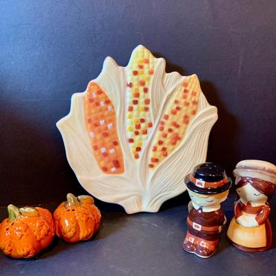 LOT 208: Autumn Decor Featuring Ceramic Pilgrim Head and Hands, Lefton Witch on Pumpkin Lighted Figure, Peanuts Halloween Figures, Salt...