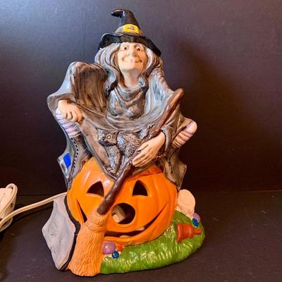 LOT 208: Autumn Decor Featuring Ceramic Pilgrim Head and Hands, Lefton Witch on Pumpkin Lighted Figure, Peanuts Halloween Figures, Salt...