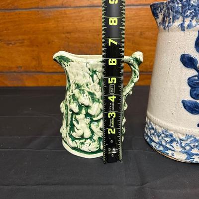 19th Century Blue Floral Spongeware Pitcher and Vintage Green and White Ceramic Pitcher