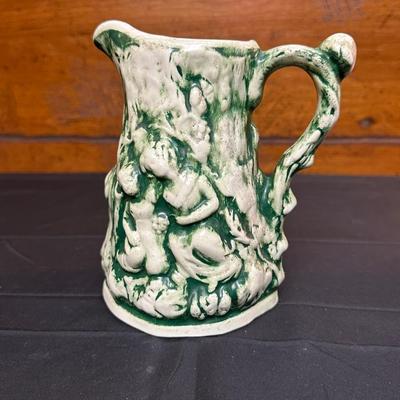 19th Century Blue Floral Spongeware Pitcher and Vintage Green and White Ceramic Pitcher
