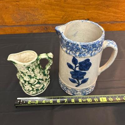 19th Century Blue Floral Spongeware Pitcher and Vintage Green and White Ceramic Pitcher