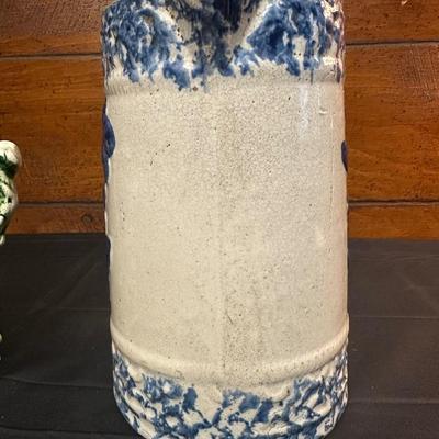 19th Century Blue Floral Spongeware Pitcher and Vintage Green and White Ceramic Pitcher
