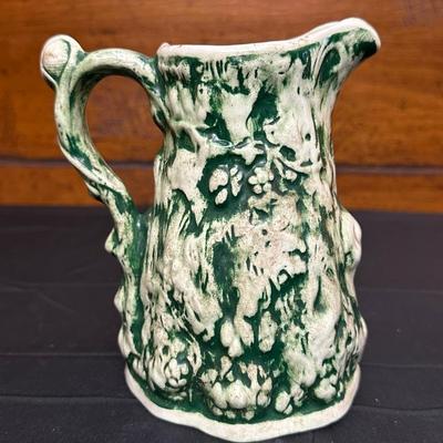 19th Century Blue Floral Spongeware Pitcher and Vintage Green and White Ceramic Pitcher
