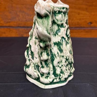 19th Century Blue Floral Spongeware Pitcher and Vintage Green and White Ceramic Pitcher