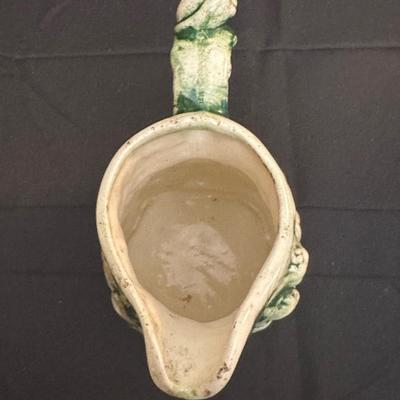 19th Century Blue Floral Spongeware Pitcher and Vintage Green and White Ceramic Pitcher