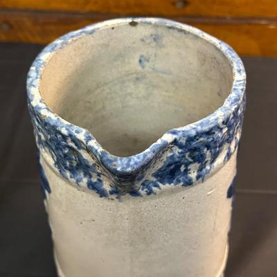 19th Century Blue Floral Spongeware Pitcher and Vintage Green and White Ceramic Pitcher