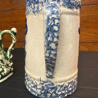 19th Century Blue Floral Spongeware Pitcher and Vintage Green and White Ceramic Pitcher