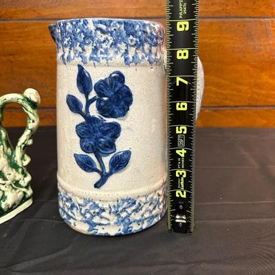 19th Century Blue Floral Spongeware Pitcher and Vintage Green and White Ceramic Pitcher