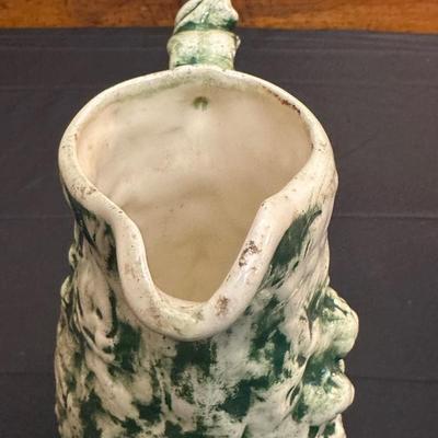 19th Century Blue Floral Spongeware Pitcher and Vintage Green and White Ceramic Pitcher