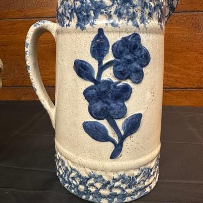 19th Century Blue Floral Spongeware Pitcher and Vintage Green and White Ceramic Pitcher