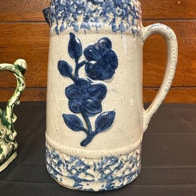 19th Century Blue Floral Spongeware Pitcher and Vintage Green and White Ceramic Pitcher