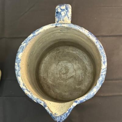 19th Century Blue Floral Spongeware Pitcher and Vintage Green and White Ceramic Pitcher
