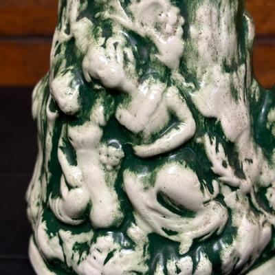 19th Century Blue Floral Spongeware Pitcher and Vintage Green and White Ceramic Pitcher