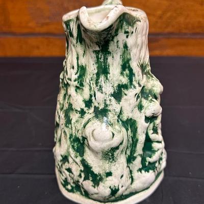 19th Century Blue Floral Spongeware Pitcher and Vintage Green and White Ceramic Pitcher
