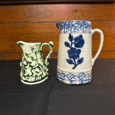 19th Century Blue Floral Spongeware Pitcher and Vintage Green and White Ceramic Pitcher