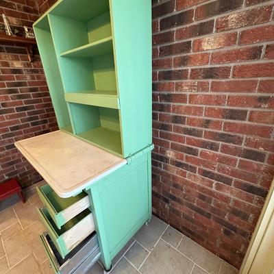 Retro Green Hoosier Cabinet Display with Wheels
