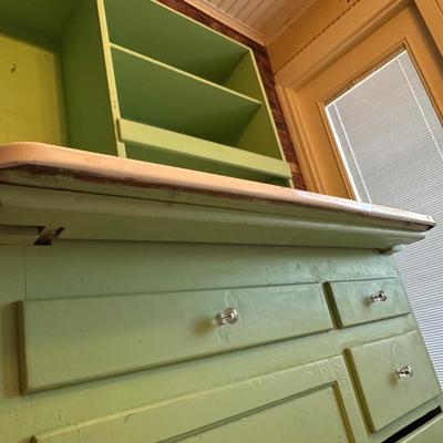 Retro Green Hoosier Cabinet Display with Wheels