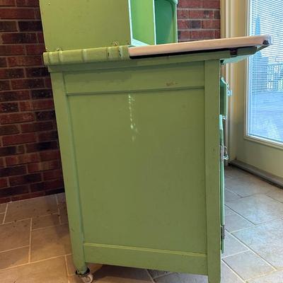 Retro Green Hoosier Cabinet Display with Wheels