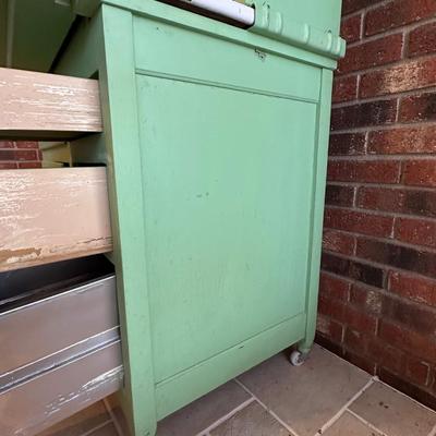 Retro Green Hoosier Cabinet Display with Wheels