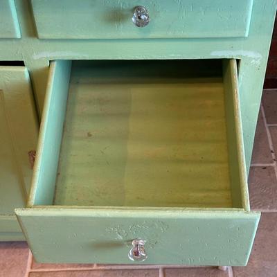 Retro Green Hoosier Cabinet Display with Wheels
