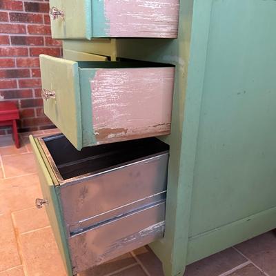 Retro Green Hoosier Cabinet Display with Wheels
