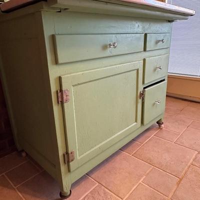 Retro Green Hoosier Cabinet Display with Wheels