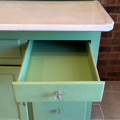 Retro Green Hoosier Cabinet Display with Wheels
