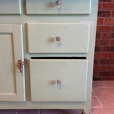 Retro Green Hoosier Cabinet Display with Wheels