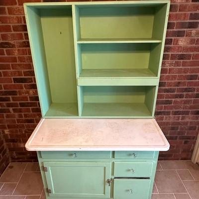 Retro Green Hoosier Cabinet Display with Wheels