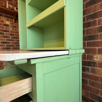 Retro Green Hoosier Cabinet Display with Wheels