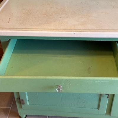 Retro Green Hoosier Cabinet Display with Wheels