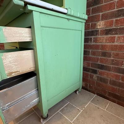 Retro Green Hoosier Cabinet Display with Wheels