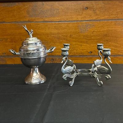 Antique Silver-plate “Spooner” Appetizer Bowl and Swan Candelabra
