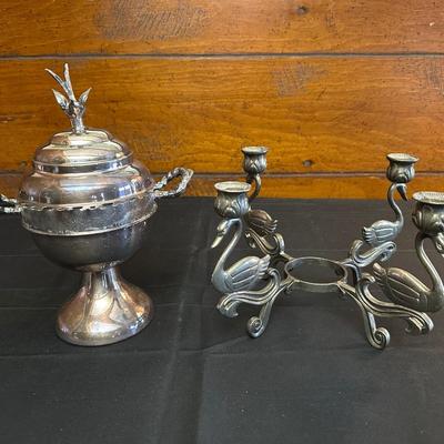 Antique Silver-plate “Spooner” Appetizer Bowl and Swan Candelabra