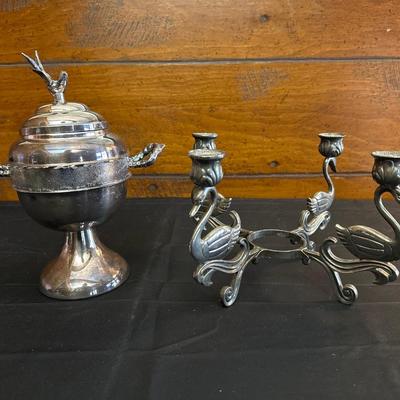 Antique Silver-plate “Spooner” Appetizer Bowl and Swan Candelabra
