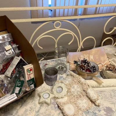 Bath items, shower curtain and candles